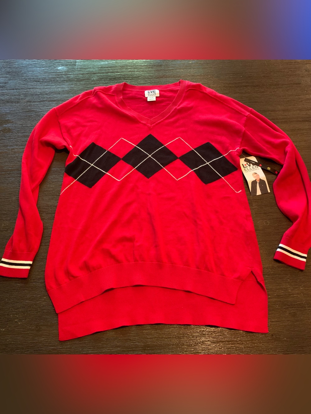 Ellen DeGeneres Red Argyle V-Neck Sweater with Black & White Accents